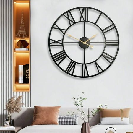 1pc Vintage European-Style Black Metal Design Large Wall Clock, Silent Movement, 30 Inches Rustic Garden Decor, Fashionable Creative Timepiece For Outdoor & Indoor Use
