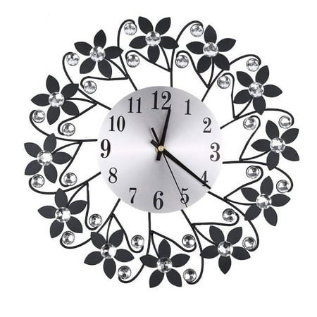 (1 set) BZ334 European and American trend diamond-encrusted round leaf petal wrought iron wall clock-black (original packaging)