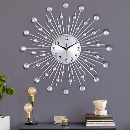 **23 inch silver large wall clock for living room décor, modern starburst decorative wall clocks with bling crystal accents, metal