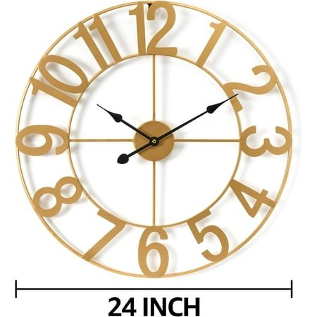 24-Inch Large Wall Clock – Decorative Gold Metal Clock with Black Hands – Silent, Battery Operated, Modern Wall Decor for Living Room, Kitchen, or Office – Great Gift for Housewarming or Office(Gold)