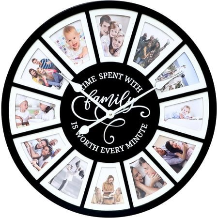 **24 inch wall clock with picture frame, large silent for living room decor, battery operated decorative clock with personalized frames