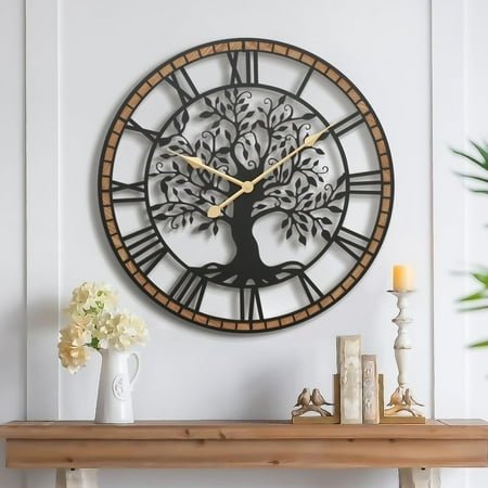24 in Large Tree of Life Wall Clock, Metal Black Modern Wall Clock with Solid Wood Frame, Oversized Non-Ticking Battery Operated Silent Clock for Office,Living Room,Kitchen.