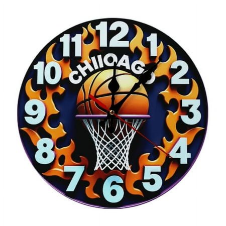 2DVintage Chicago Basketball Wall Clock Artificial Wood Frame with Vibrant Flames & Hoop Design, Perfect for Sports Fans, Game Rooms, Home Decor.10-Inch(AA Battery Not Included)