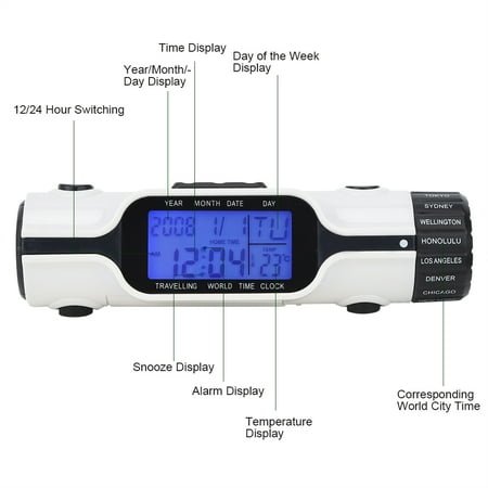 3-in-1 Digital Alarm Clock With Flashlight Thermometer World Time & Backlight Display