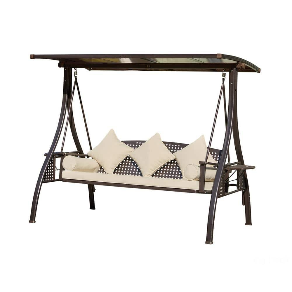 3-Person Metal Outdoor Patio Porch Swing with Beige Thicken Cushion, Pillows and...