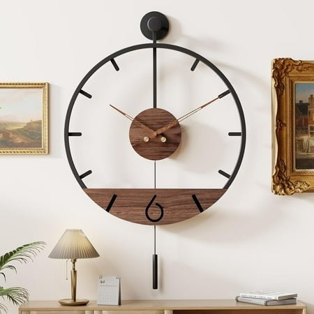 30.7×20 Inch Large Modern Decorative Pendulum Wall Clock,Big Metal Farmhouse Silent Wall Clocks Minimalist Elegant Walnut Dial Pointers for Living Room,Office,Dining Room Decor