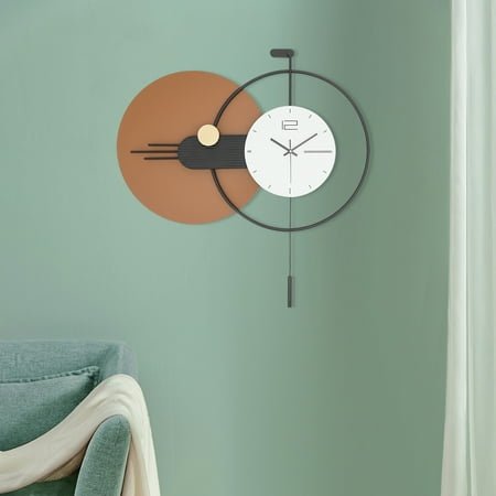 31.2in Round Iron Wall Clock with Pendulum Bob – Pre-drilled Holes, Quartz Movement for Living Rooms & Offices Brown
