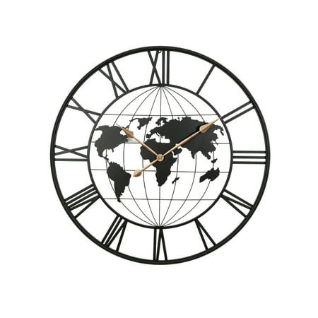 36 Inch Large Black Metal Wall Clock, Modern Silent World Map Wall Clock with Vintage Gold Arabic Numeral, Decorative for Living Room, Entryway, Dinning Room, Bedroom
