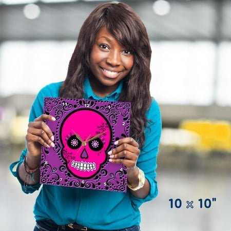 3dRose, Day of the Dead Skull Día de los Muertos Sugar Skull Pink Purple Black Scroll Design, 10x10 Wall Clock