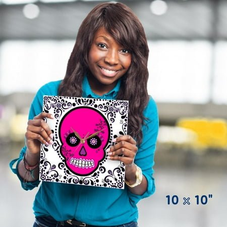 3dRose, Day of the Dead Skull Día de los Muertos Sugar Skull Pink White Black Scroll Design, 10x10 Wall Clock