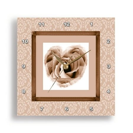 3dRose, Dreamy cocoa brown heart rose with warm taupe look and damask frame, 10x10 Wall Clock