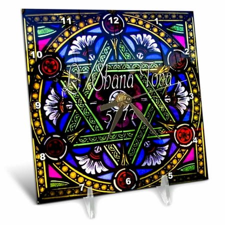 3dRose Image of L Shanna Tova On Stained Glass Star Of David - Desk Clock, 6 by 6-inch