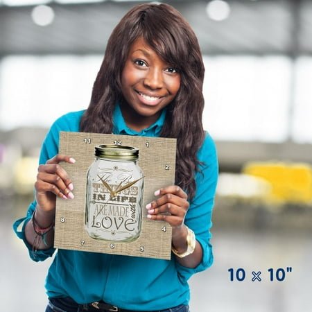 3dRose, Mason Jar on Burlap Print Brown - The Best Things in Life are Made with Love - Gifts for the Cook, 10x10 Wall Clock