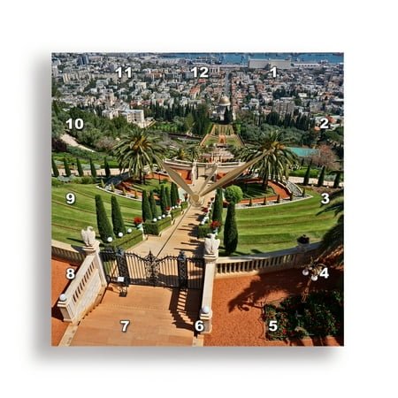 3dRose, Terraces Gardens to Shrine of Bab Haifa Israel, 15x15 Wall Clock