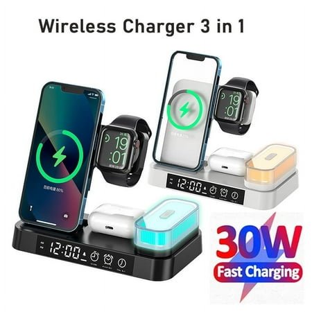 5 in 1 Wireless Charger Station with Alarm Clock Night Light Magsafe Stand Portable 3 in 1 Charger Galaxy for Samsung S24 iPhone (Black)