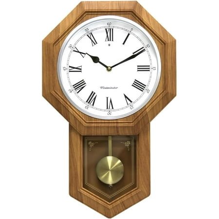 **66236a plastic pendulum clock wood grain color.sturdy frame.westminster chime every hour,elegant,traditional schoolhouse,home,office,living room,bedroom.