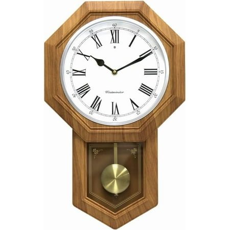 **66236a plastic pendulum clock wood grain color.sturdy frame.westminster chime every hour,elegant,traditional schoolhouse,home,office,living room,bedroom.