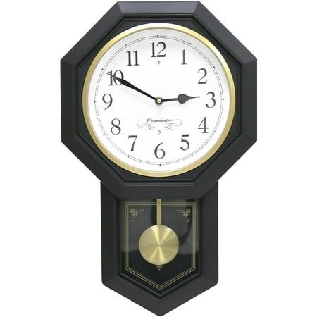 **66236 plastic pendulum clock. westminster chime every hour,elegant,traditional schoolhouse,home,office,living room,bedroom. (black frame)