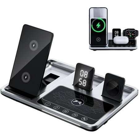 6 in 1 Alarm Clock Wireless Charger Stand, Fast Wireless Charging Station Compatible with Night Lamp and Clock, Multiple Devices for Ipohne/Samsung/Android Phone, Headphones and Watch