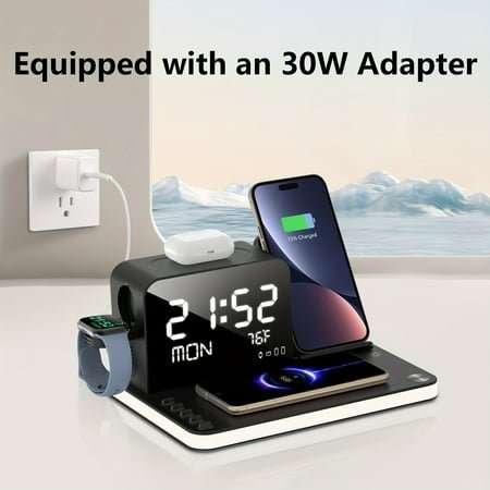 7-in-1 Dual Phone Wireless Charger - with Night Light & Digital Clock - 30W Fast Charging for iPhone/AirPods - USB-C & USB-A Ports - Displays Time, Week & Temperature