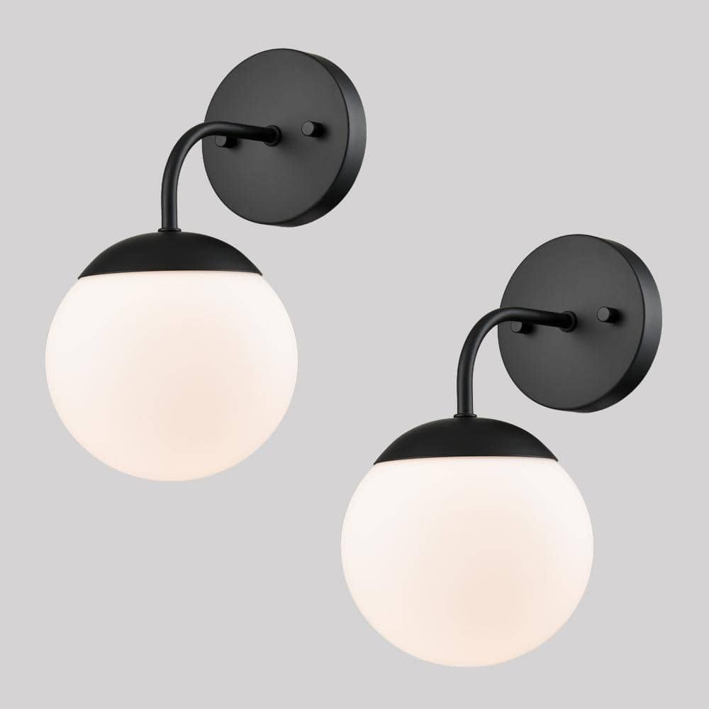 7.09 in. 2-Light Black Vanity Light with Frosted Glass Shade