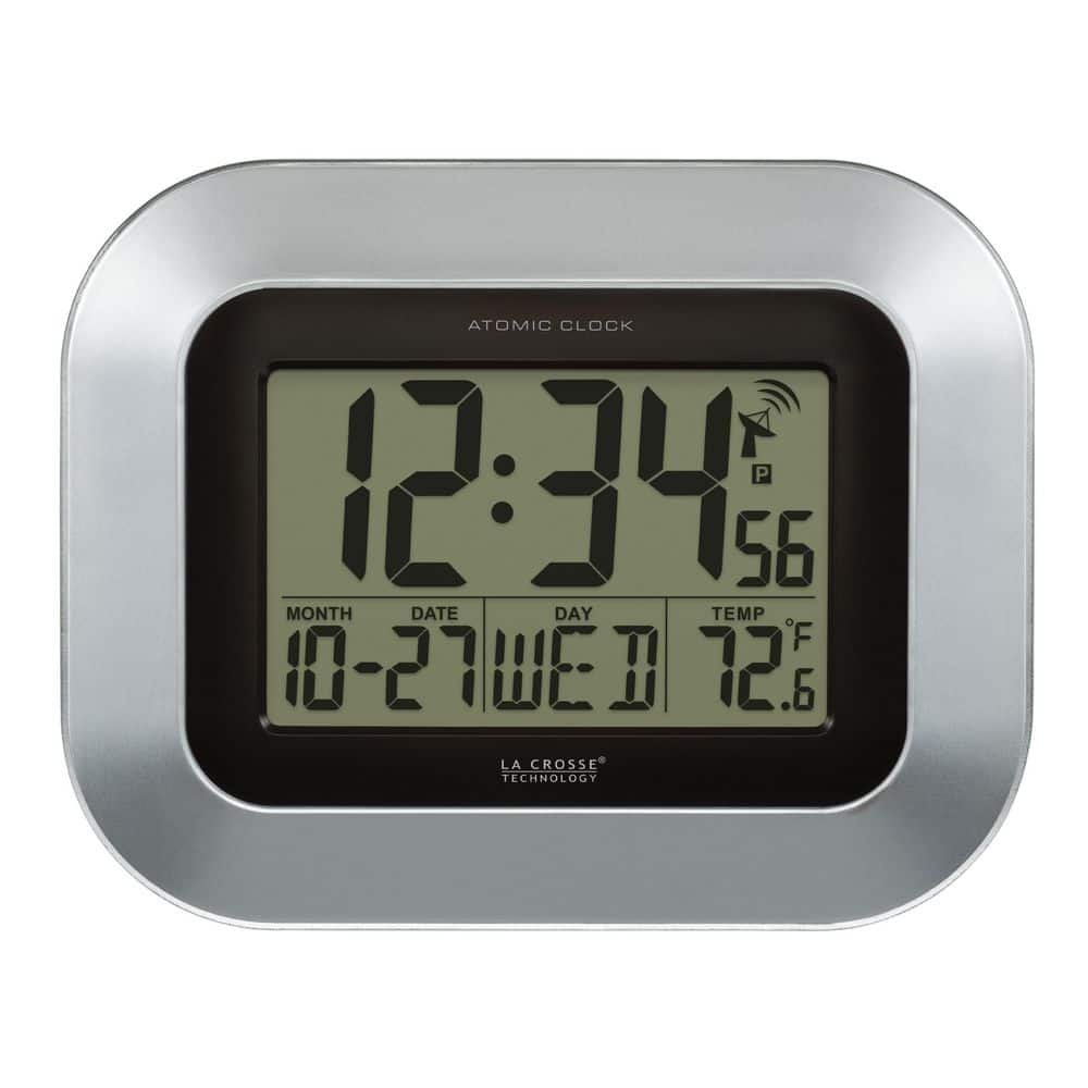 7 in. H Digital Atomic Silver Wall Clock with Indoor Temperature