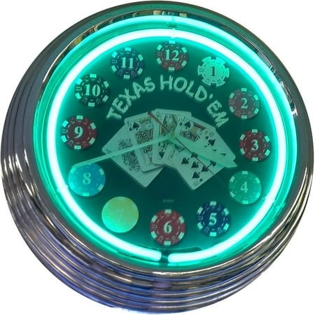8144 15 Inch Texas Hold'em Neon Wall Clock with Chips and Cards, Green
