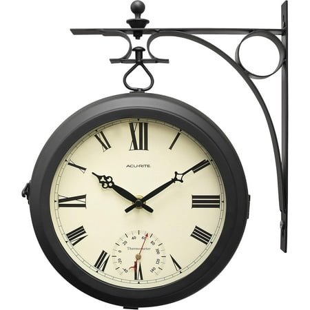9-Inch Indoor/Outdoor Double-Sided Hanging Clock with 360-Degree Spin Functionality, Iron Metal Frame, Glass Lens, Quartz Crystal Movement, Weatherproof and Premium Thermometer (75140M),Black