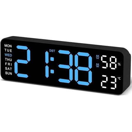 9 Digital Wall Clock with Temperature, Humidity, Weekday Display, LED, Desk or Wall Use