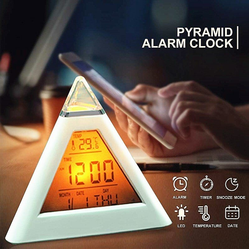 Alarm Clock Pyramid 7 Color Changing Timer Night Light Temperature Date