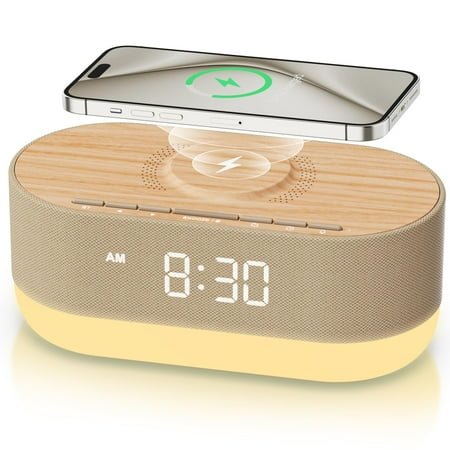 Alarm Clock Radio with Wireless Charger and Bluetooth Speaker, 10W Fast Charging for iPhone Samsung Devices, Dimmable Night Light, Soft Wake-Up Sounds,Wood Tone Grey