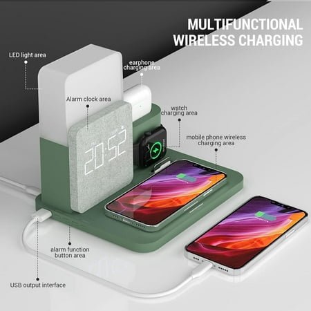 Alarm Clock with Wireless Charger, Night Light, Wireless Charging Station, 3 in 1 Charging Station, iPhone 12/13/14/15/16 Pro/13 Mini/13 Pro Max/12 pro, AirPods