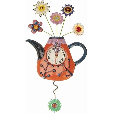 **allen designs flower teapot wall clock - battery operated pendulum analog clock, stone resin decorative clocks for walls home decor kitchen clocks, 12.4 inch