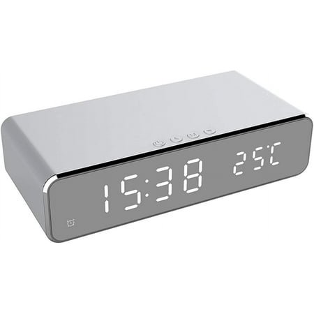 All In One Digital Alarm Clock And Mobile Phone Wireless Charging Station Electronic Desktop Alarm Clock With 3 Alarm Clock Sets And Temperature Display, 12/24H QI Standard