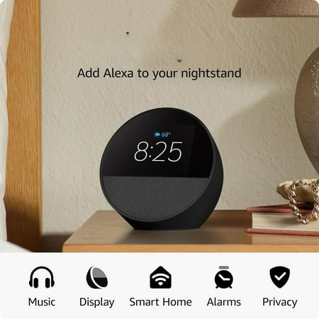Amazon (newest model), Great for nightstands, offices and kitchens, Smart alarm clock with Alexa, Glacier White