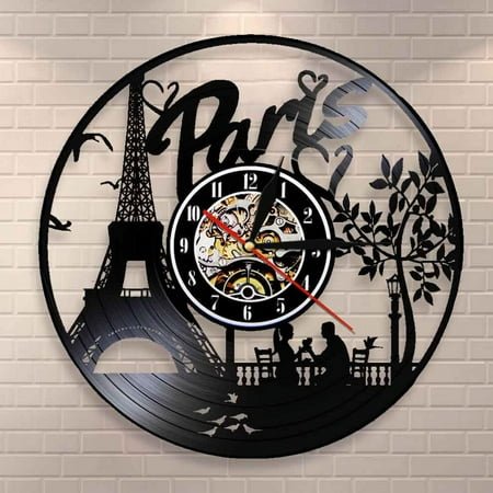 Amblelife Paris Eiffel Tower Wall Decor France Skyline Vinyl Record Wall Clock Paris City Of Love Tourist Gift Living Room Wall Clock