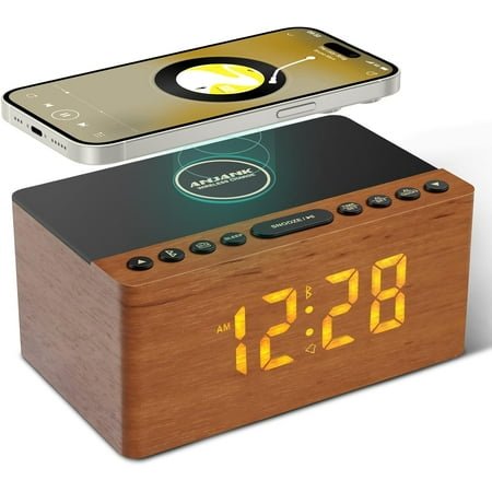 ANJANK Wooden Bluetooth Speaker, Alarm Clock with FM Radio, Qi Certified Fast Wireless Charging Station for iPhone/Samsung, USB Charger Port, Dimmable Display, Digital Wood Clock for Bedroom, Bedside