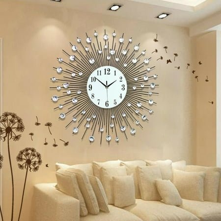 Anqidi 24 Modern Luxury Large Wall Clock, Round Diamond Non-Ticking Silent Decorative Clock for Living Room Office