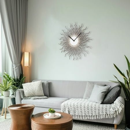 ardeola - Medusa Silver - 16 in Silver / Grey Large Analog Wall Clock with Silent Movement, Battery Operated Sunburst Clock from ardeola