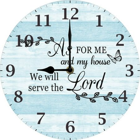 As For Me And My House We Will Serve The Lord Bible Verse Wall Clock Religious Quote Art Wooden Christian Inspirational Saying Silent Non Ticking Battery Operated 10 Inches