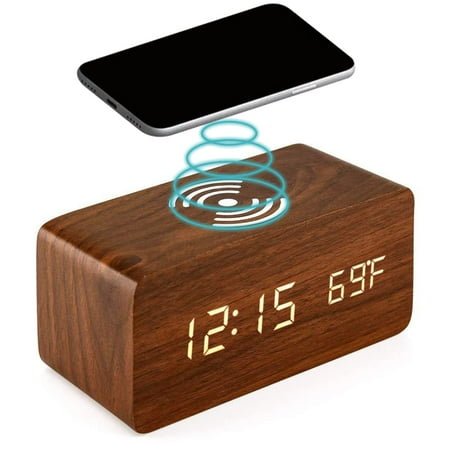 Ataucjin Wooden Digital Alarm Clock 3 Alarms Led Display Wireless Charging Electronic Alarm Clock for Bedroom Bedside Office Brown Wood White Characters