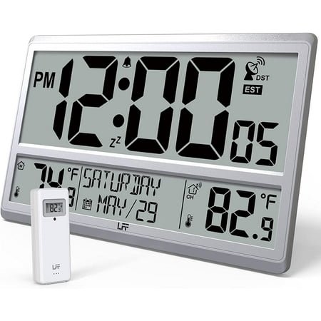 **atomic clock 4.5 numbers, atomic wall clock with indoor & outdoor temperature，never needs setting, battery operated, date, time, wireless outdoor sensor, jumbo display easy to read