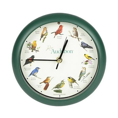 Audubon Singing Bird Clock 8 Inch Green, 12 Authentic North American Bird Songs, Light Sensor Auto Silence, Nature Inspired Wall Decor for Home Office