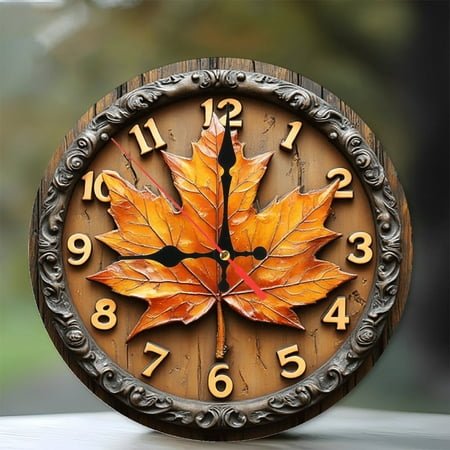 Autumn Maple Leaf Wall Clock Wooden Frame 10-Inch Silent Wooden Wall Clock, Battery Operated (AA Batteries Not Included), Artistic Home Decor