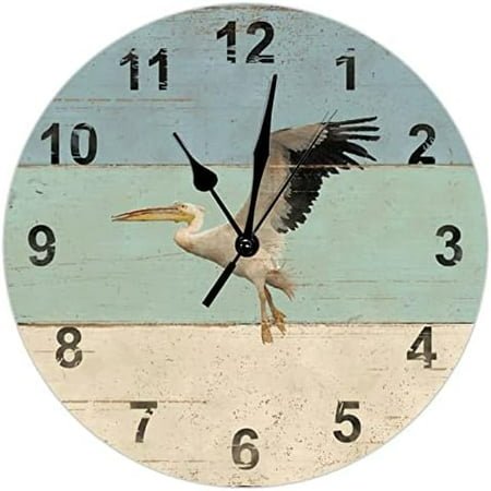 Beach Pelican Flying Wall Clock Nautical Themed Clock Rustic Weathered Boards Large Wooden Wall Clocks Battery Operated 15 Inch Silent Ancient Home Decor for Bedroom Living Room Kitchen School Office