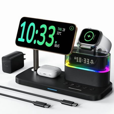 Bedroom Desk 5 in 1 Wireless Charger Alarm Clock with ABS+PC Material, Black White Magnetic MagSafe Charging Stand Compatible with iPhone 16/15/14/13/12, Apple Watch Series 10/9/Ultra 2/8/7/SE/SE2/6/