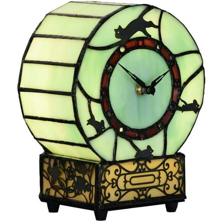 Bieye L10970 Cat and Mouse Tiffany Style Stained Glass Desk Clock Table Lamp for Home Decor (Green) C95