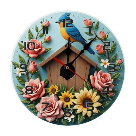 Birds Flowers Garden Wall Clock 10 Inch Silent Non Ticking Round Wooden Clock Decoration for Living Room Kitchen Bedroom Bathroom Office Classroom