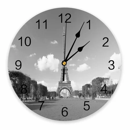 Black White Paris Eiffel Tower Decorative Round Wall Clock Custom Design Non Ticking Silent Bedrooms Large Wall Clock（14 Inch）