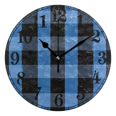 Blue Checkered Grid Pattern Silent Wall Clock 10 Non-Ticking Battery Clock